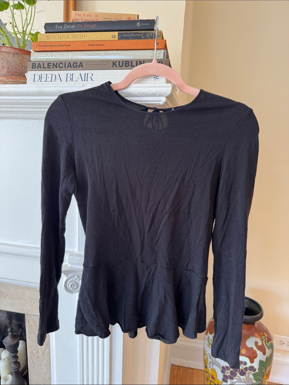 The Row Black Long Sleeve Peplum Tie-Back Top